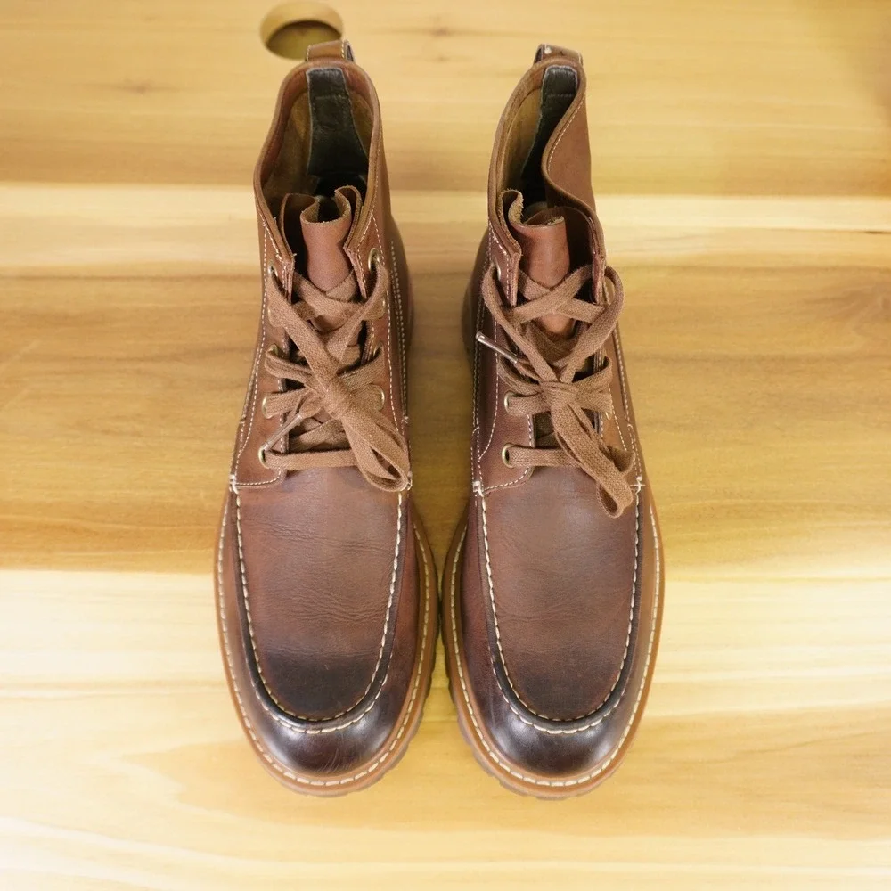 John Varvatos Moc Toe Boots Mens 11 Brown Leather Lug Sole Lace Up